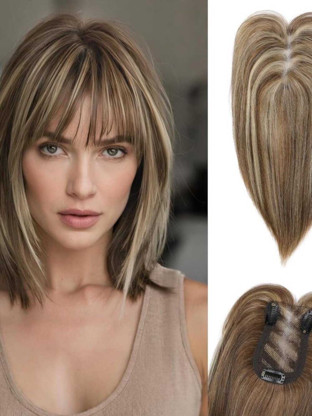 HOOJIH Hair Topper 4x2.5" Real Human w/ bangs lace front brown blond highlights